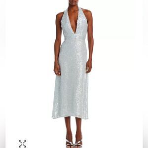NWT Markarian $2595 Valeria Halter Dress Sequin in Light Blue Chic Retro Size 2